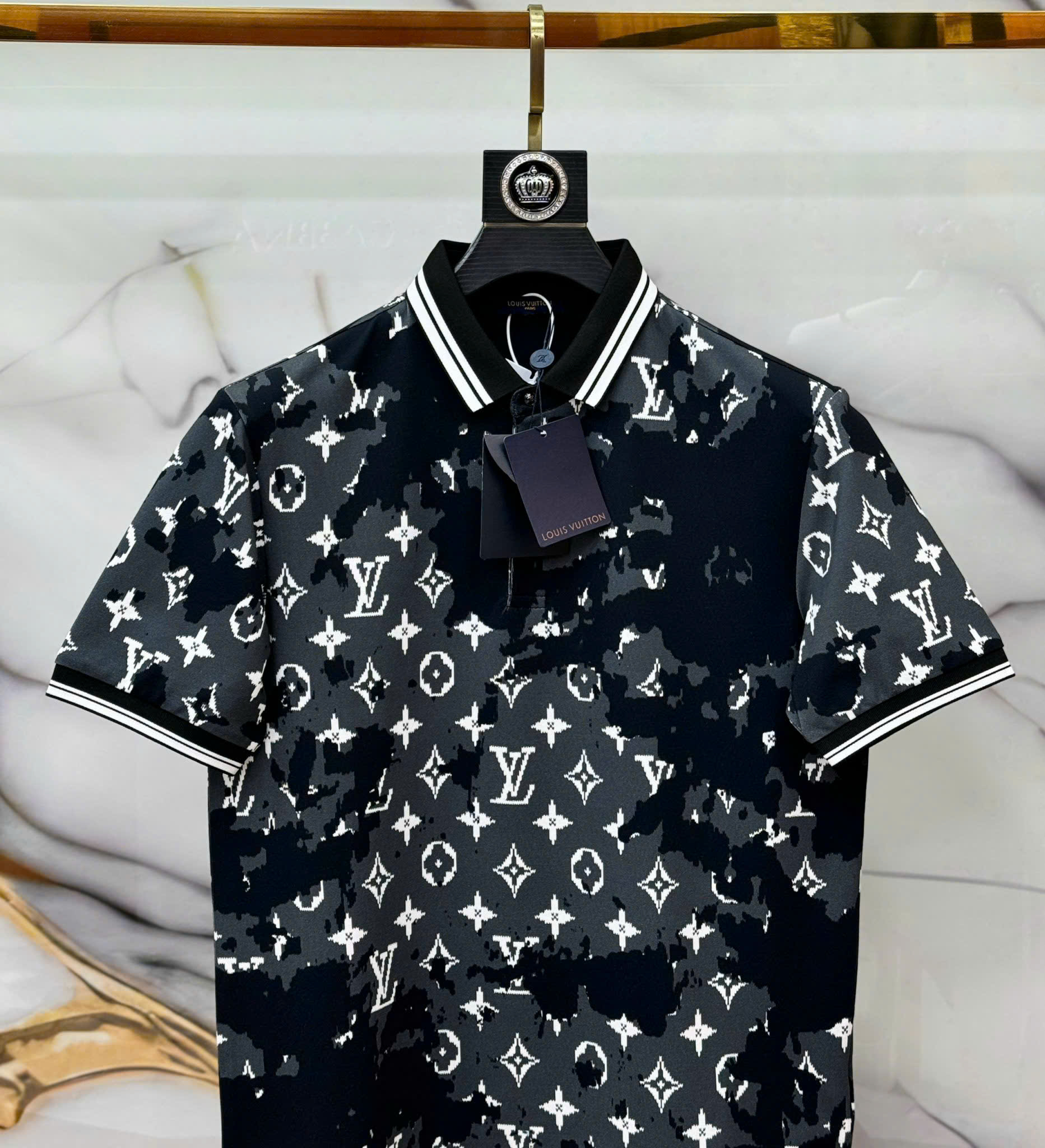 Áo polo Louis Vuitton LV Đen loang Xám họa tiết hoa vân logo LV Trắng Like Auth 1-1 on web CD MK